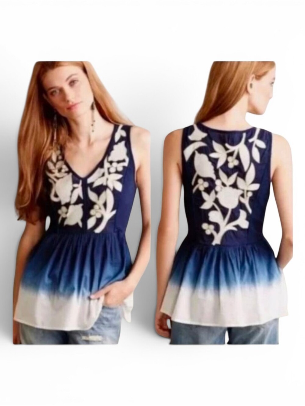 FLOREAT X ANTHROPOLOGIE Applique Tie Dye Peplum Top - Large